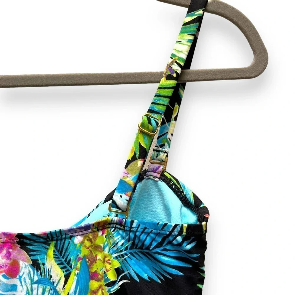 Island Escape Black Multi Color Tahiti Floral Bandini Tankini Top Size 8 - Picture 6 of 12
